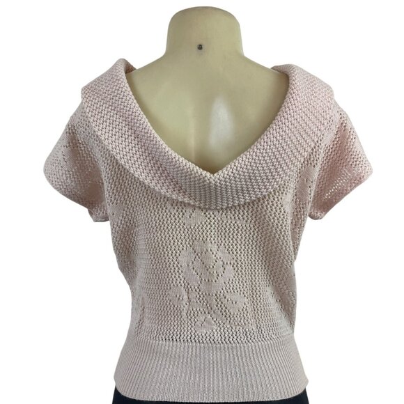 Semplice Light Pink Short Sleeve Knit Sweater With Floral Cutout Design Sz S - Picture 4 of 8